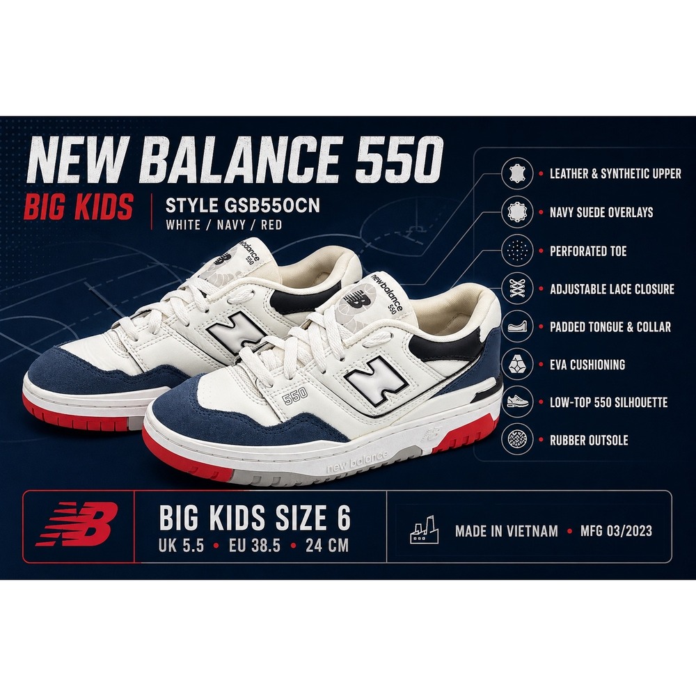 New Balance 550 Big Kids Size 6 White Navy Red Leather Basketball Shoes GSB550CN - Picture 10 of 10
